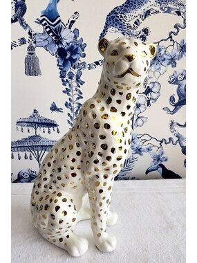 ELEGANT Leopard Figurine Ceramic 11"H x 6"W Sitting Gold & White Sagebrook Home